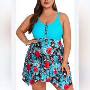 Plus Size One Piece Lace Up Swim Dress Tummy Control Skirtini Bathing Suit
